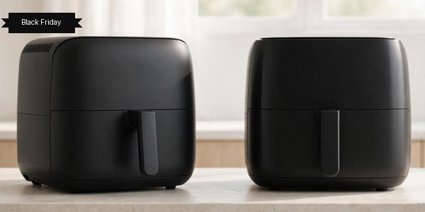Duas fritadeiras de ar pretas com faixa Black Friday